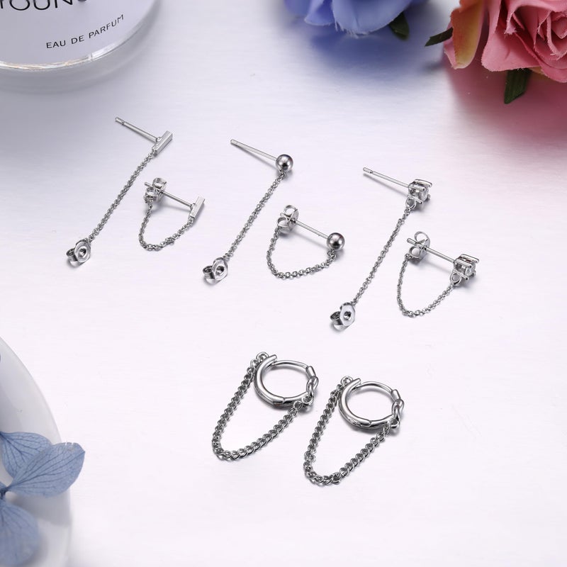 YADOCA 4 Pairs Chain Earrings for Women CZ Ball Bar Huggie Hoop Piercing Dangle Chain Stud Earring Set Silver - Image 5